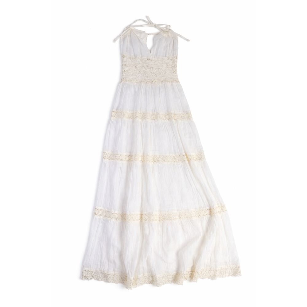 Elan Cotton Dress – S White Crochet Lace Tiered Halter Maxi Made in USA